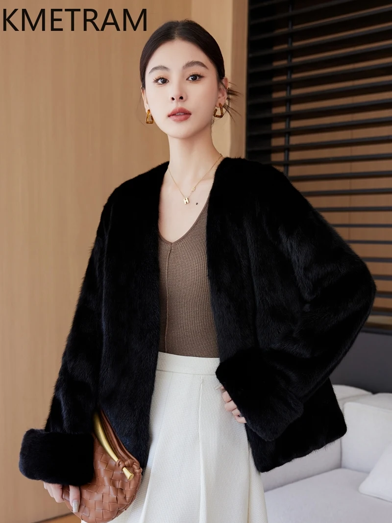 Damska kurtka z futra norek 100%, luksusowa czarna kurtka z prawdziwego futra z dekoltem w serek, wysokiej jakości zimowe ubrania damskie 2025, futrzane kurtki шуба