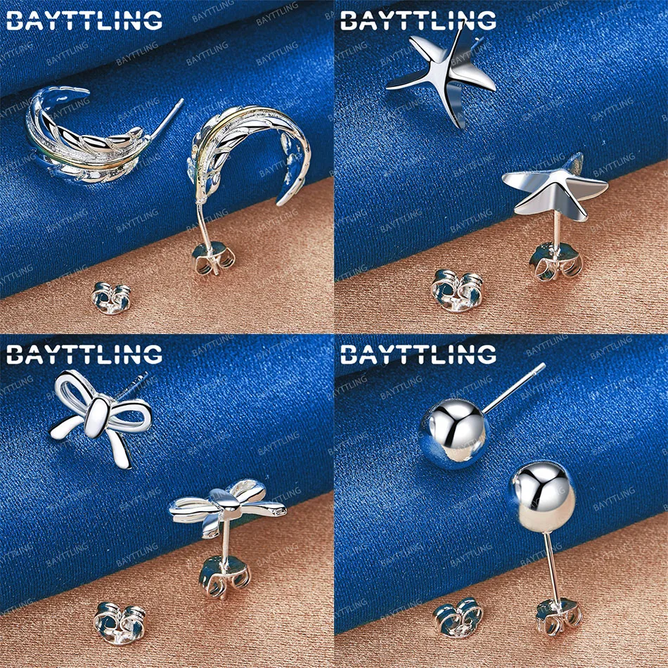 

Luxury 925 Sterling Silver Simple Round Feather Stud Earrings Women Charm Gift Jewelry Wedding Accessories