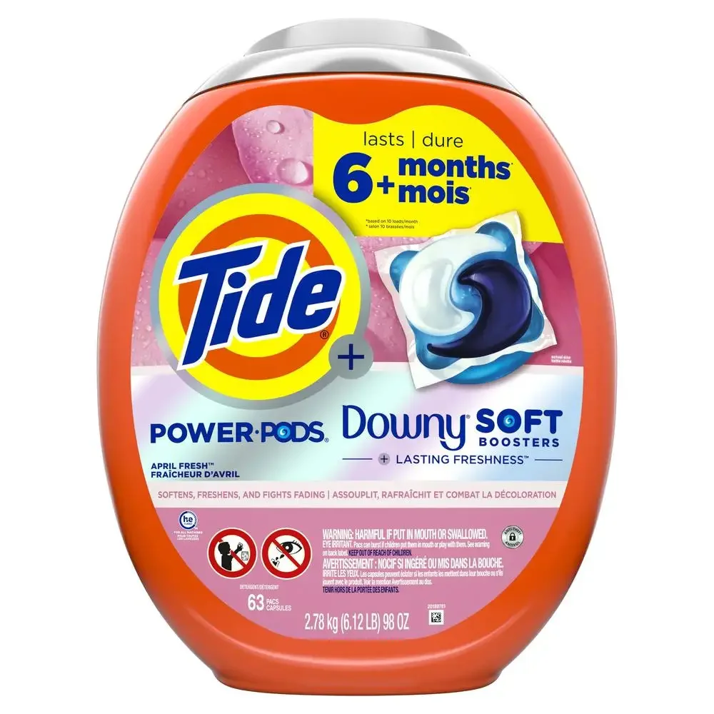 Powerful Tide Downy Laundry Detergent Pods 63 Count Pack Cleans Conditions Protects America's #1 Stain Fighter April Fresh Scent