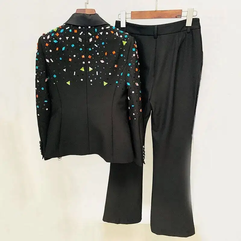 HKSH ฤดูร้อนใหม่ผู้หญิง INS Elegant ปัก Flares เพชรปุ่ม Blazer ยาวกางเกงสบายๆ 2 ชิ้นชุด HK5997