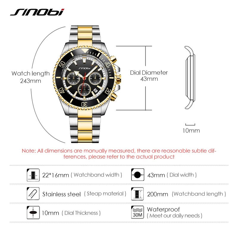 SINOBI Luxury Brand Business Men\'s Watch Fashion 43mm Dial Plate Stainless Steel Strap Calendar Date Sports Men Wristwatches