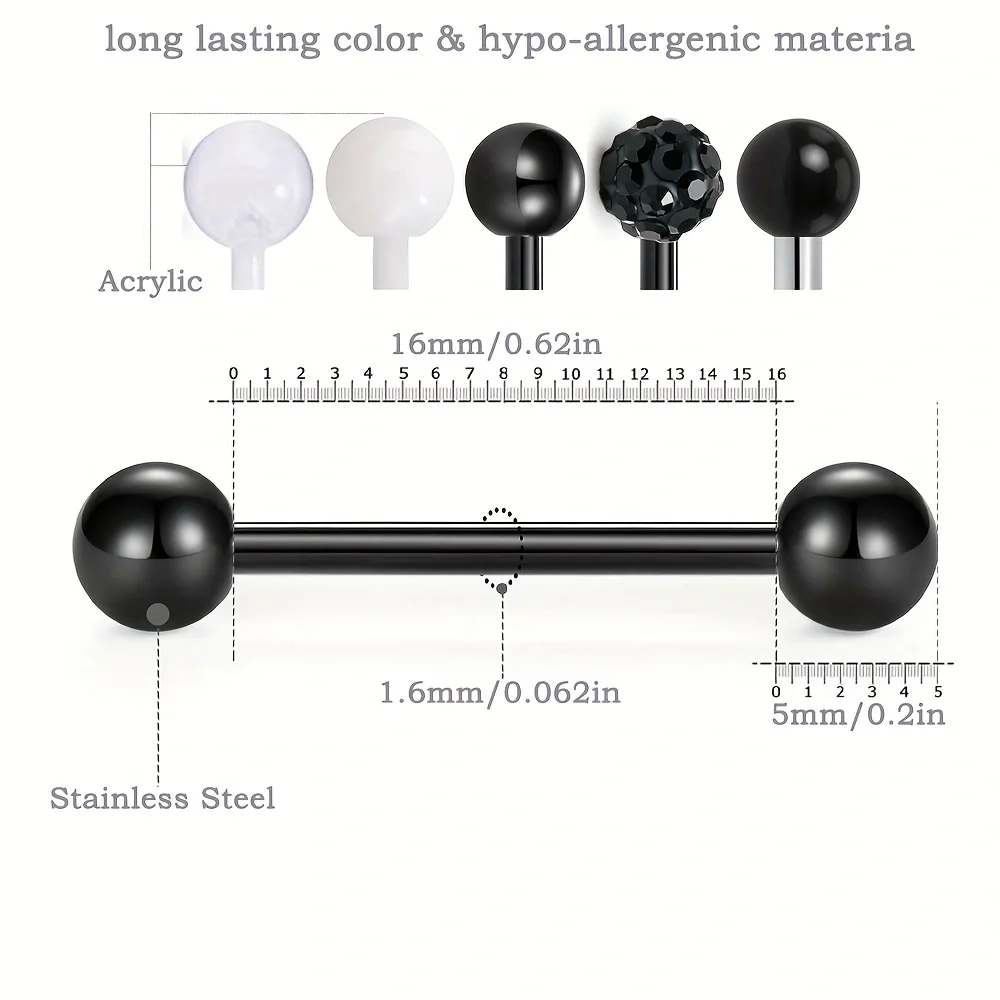 1/5pcs Stainless Steel Acrylic Black Tongue Barbell Piercing Sets 14G White Tongue Rings Tongue Studs Body Piercing Jewelry