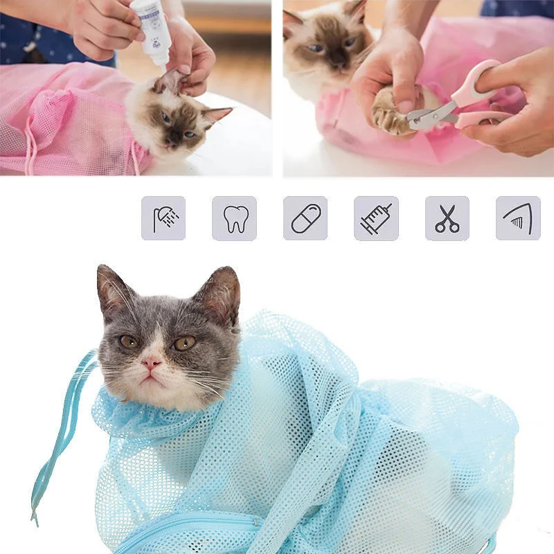 Mesh Cat Grooming Bathing Bag Adjustable Cats Washing Bags For Pet Nail Trimming Injecting Anti Scratch Bite Restraint