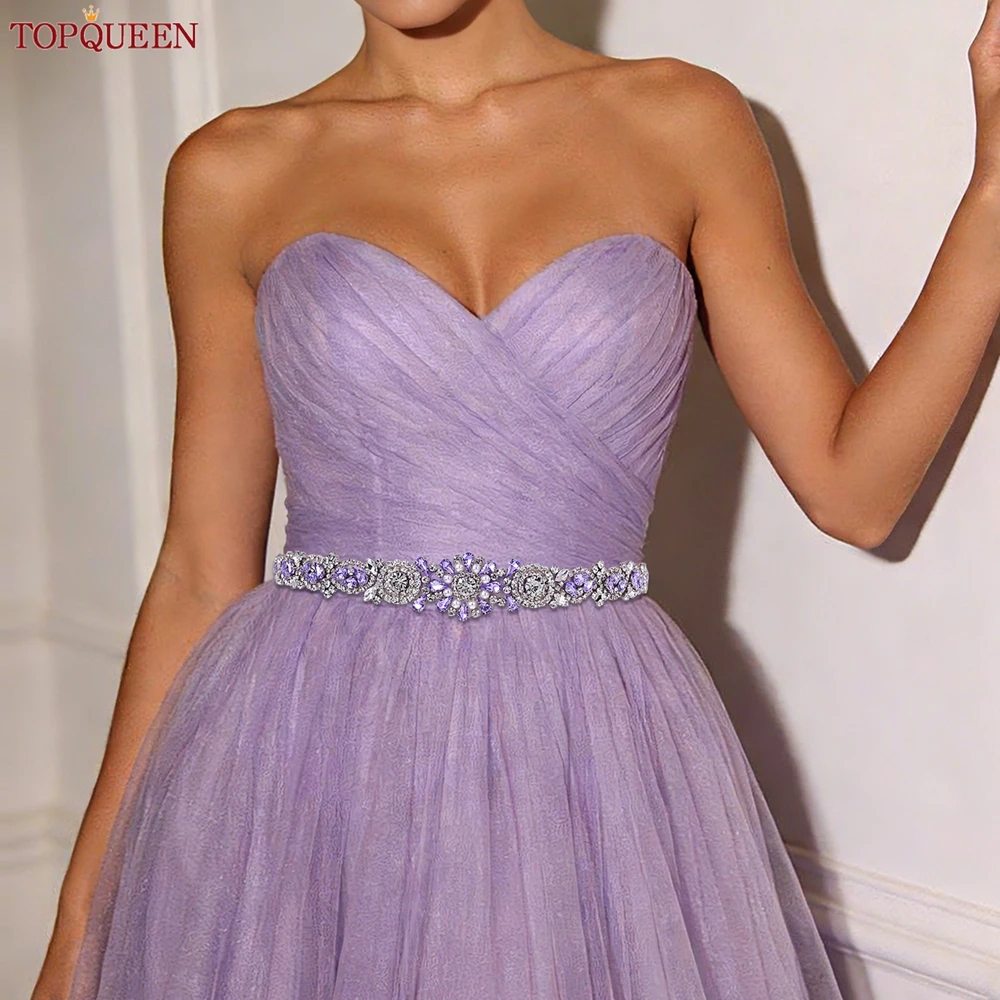 

TOPQUEEN Lavender Rhinestone Crystal Bridal Belt, Fashion Floral Waist Sash, Wedding Dress Belt, Prom Party Accessory