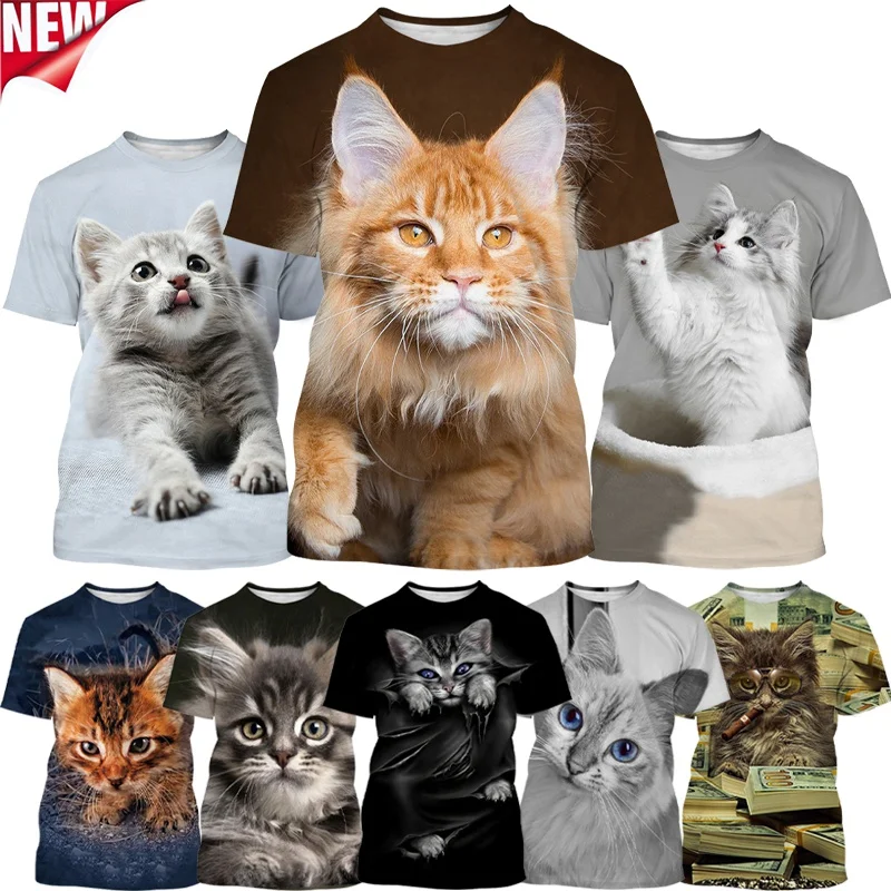 Kawaii Cat Tee Shirts Funny Kids Tops 3D Animal Puss Printed T-shirt Men Round Neck Short-sleeved Pop Streetwear Womens Clothing