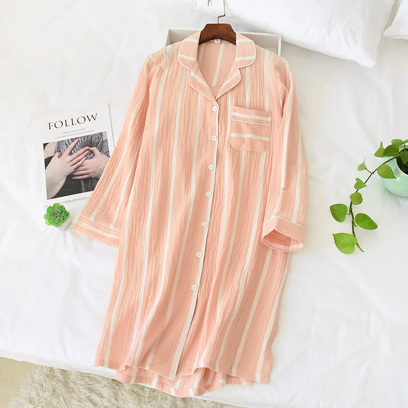 Camisolas de algodão de mangas compridas femininas, camisas de comprimento médio, listra de casa, altura do joelho, primavera, verão, novo, 2022