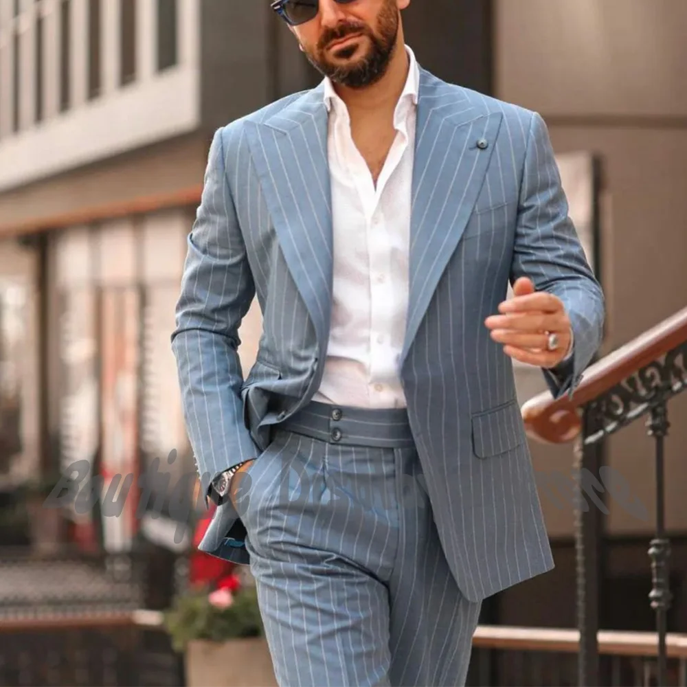 

High End Men's Suits New Fashion Striped Jacket Pants Wide Lapel Single Breasted Slim Casual Business Office Wear Formal Outfit