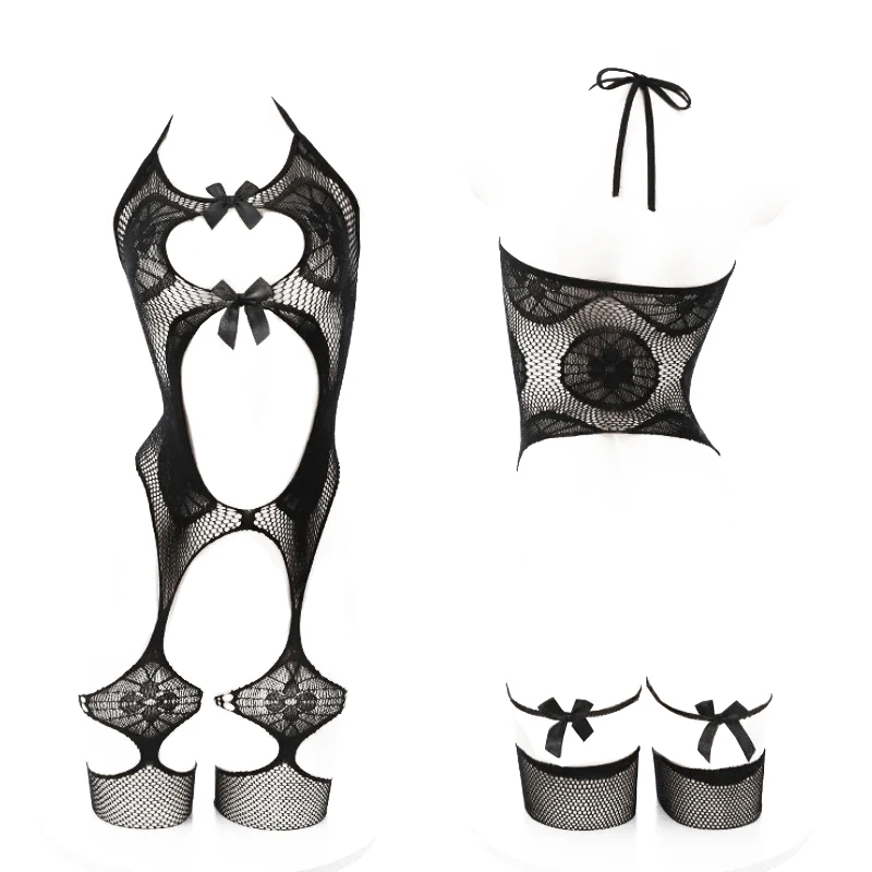 

Sexy Bow Open Crotch Bodystockings Women Lingerie Fishnet Bodysuit Lace Underwear Garter Stockings