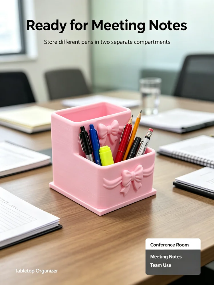 Sweet and Cool Style Pink Bow Pen Holder, 3D Printed Pla Double-Layer Dual-Compartment Storage Box, Tilted Desktop Stationery Organizer, Cute Pen Cup, Pencil Holder, Dressing Table Makeup Brush Organizer, Home Study Desk Decoration, Girly Office Desktop Decoration, School Desk Stationery Storage, Large Capacity Lightweight Storage Box, Pink Ambiance Desktop Organizer, Girl's Desktop Accessories, Tidy Desktop Storage Essentials