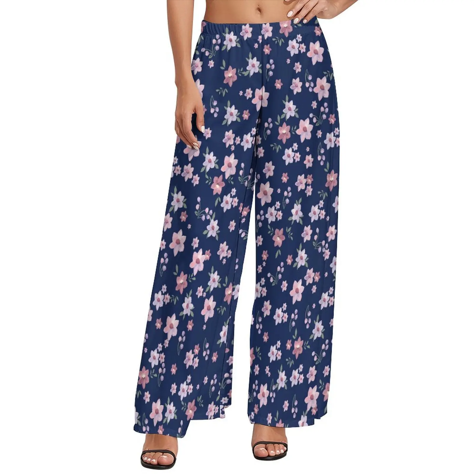 

Blue And Pink Daisies Pants High Waisted Vintage Floral Office Trousers Aesthetic Pattern Wide Leg Pants