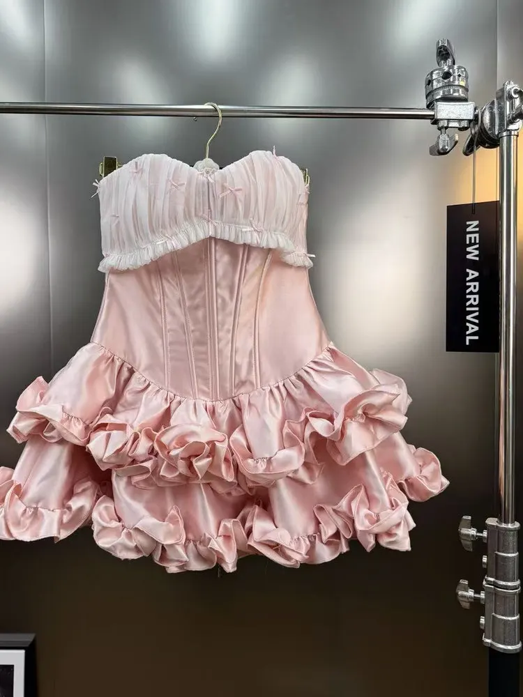 

Luxury Women's Fashion Outfit Pink White Patchwork A Line Ruffles Mini Dress With Shorts High Quality Night Club Birthday Sets