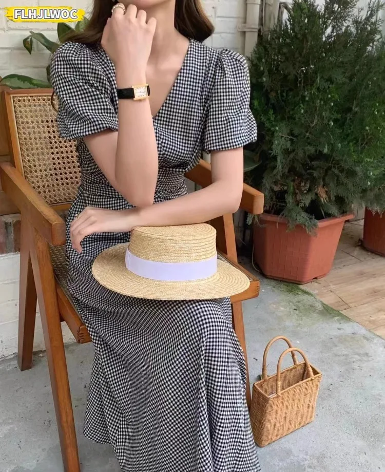 Plaid Dresses Summer Women Korean Japan Preppy Style Clothes V Neck Pink Yellow Cross Criss Lace-Up  Vintage Cotton Blends Dress