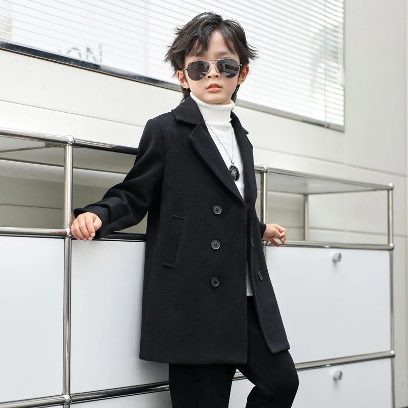 Teen Boys Woolen Jacket Autumn Winter New Long Style Solid Color Thick Warm Lapel Trench Coat For 3-10Y Kids Handsome Outerwear