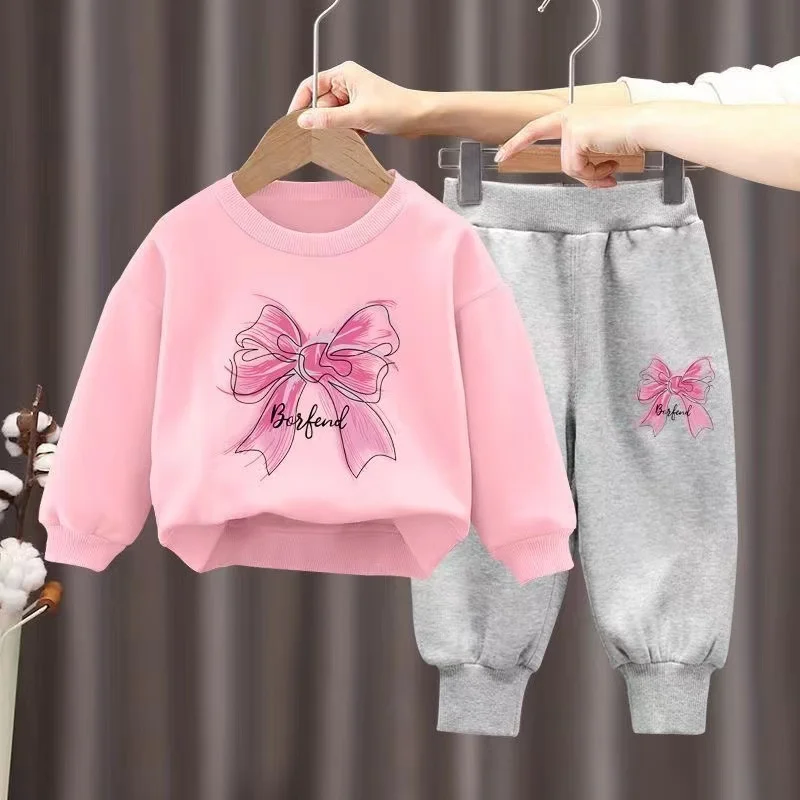 Autumn Baby Girl Boy Clothes Set Children Bow Cartoon Printing Sweatshirt Top and Pants Bottom 2 Piece Suit Kid Tracksuit