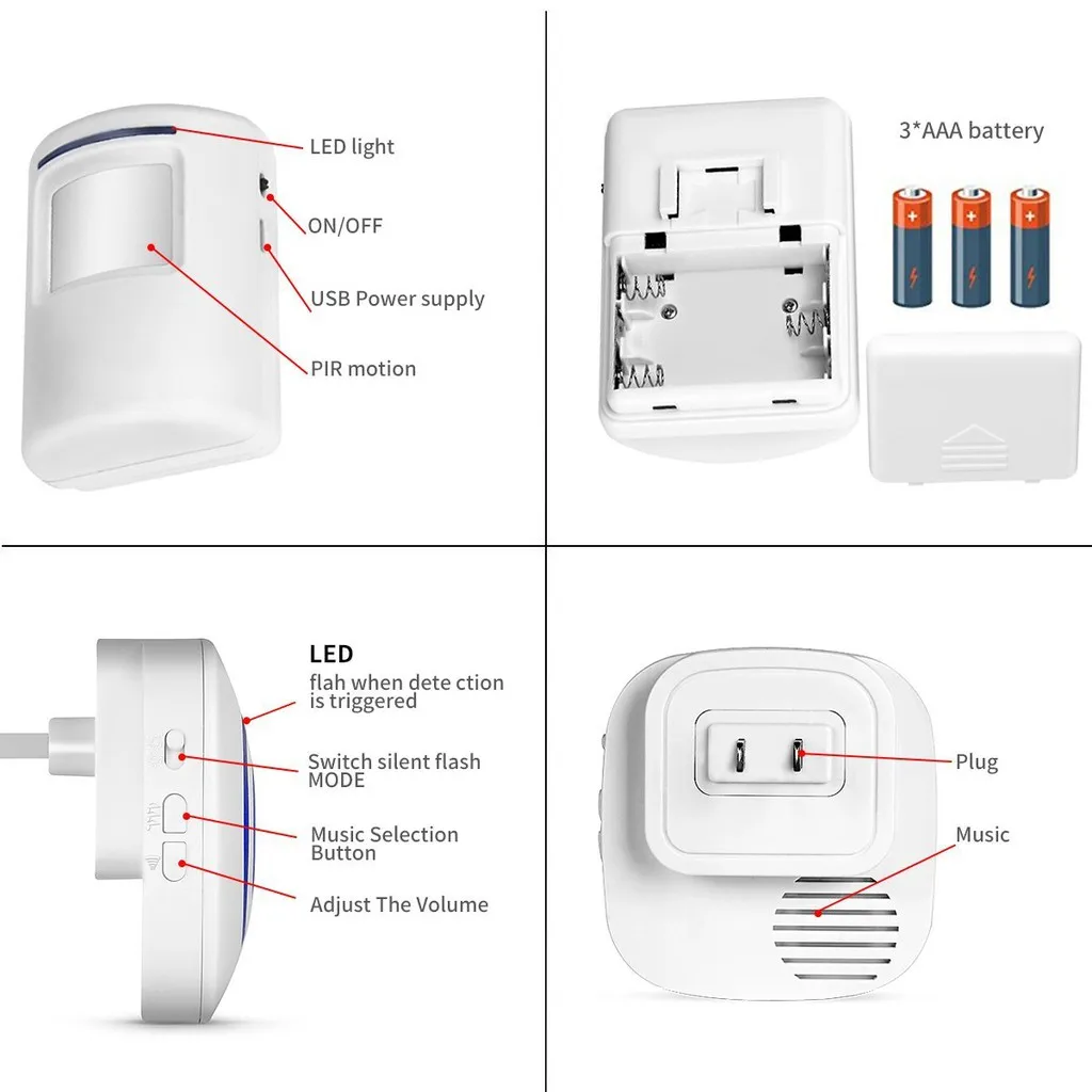 Wireless Doorbell PIR Infrared Sensor Motion Detector Home Alarm System Visitor Smart Prompt Door Bell Entry Security Protection