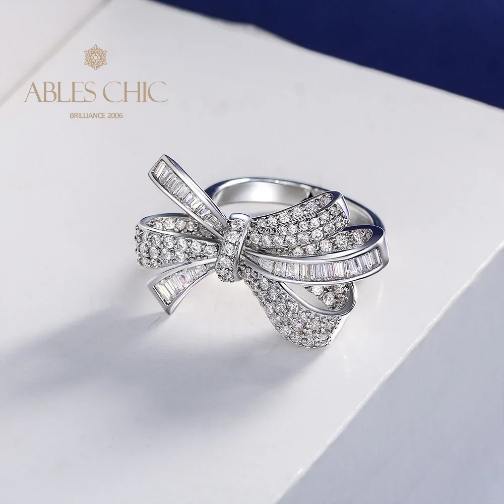 Ables Chic Solid Silver Lab Diamonds Bow Knots Wedding Ring Bridal Butterfly Bowknot Women Engagement Rings S2R1S2R1090