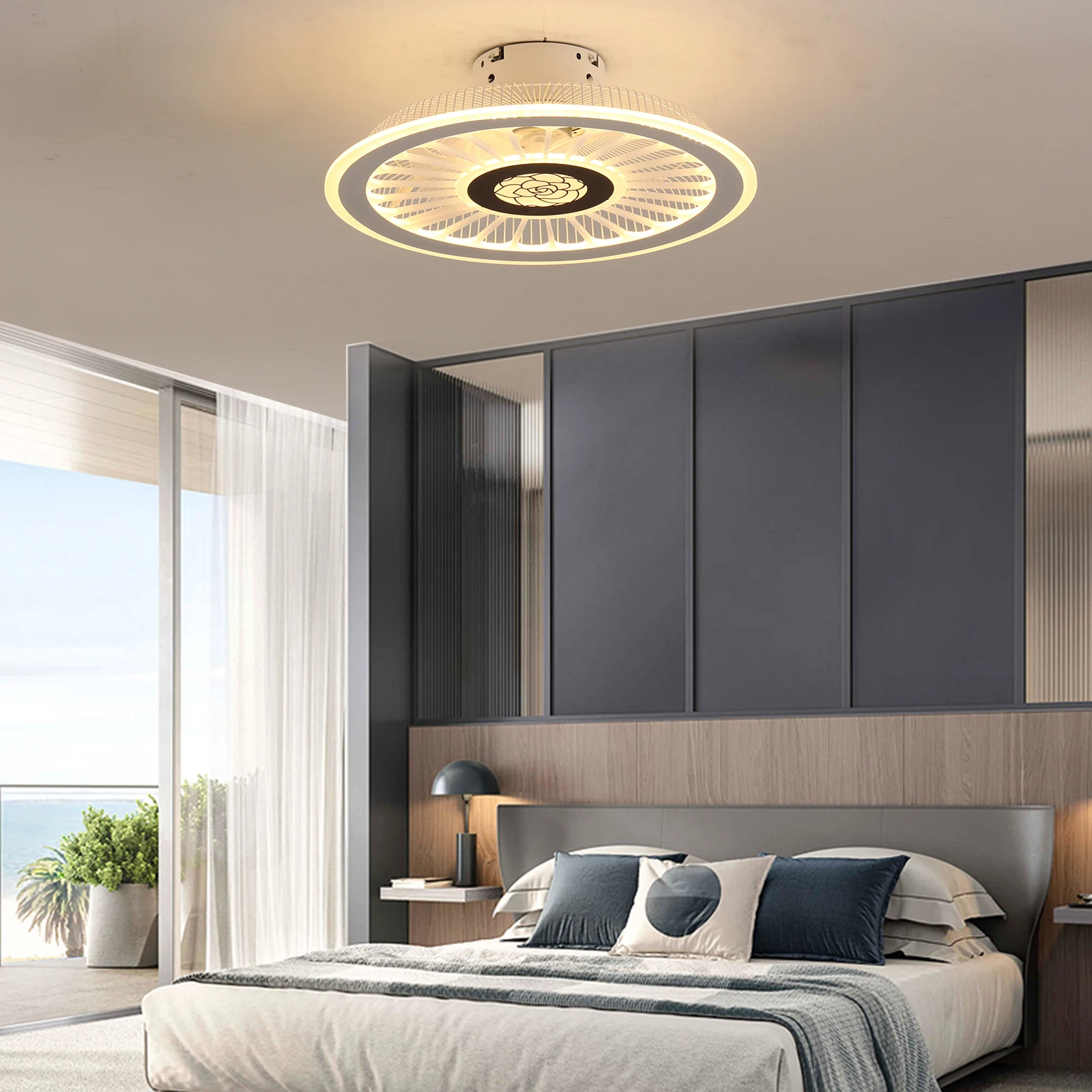 

18" Modern LED Round Ceiling Fan Light Acrylic Dimmable 3 Speeds Changes Pendant Fan Lamp with Remote for Bedroom Indoors White