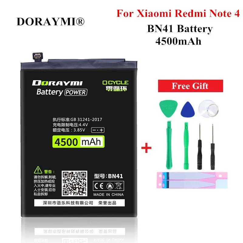 DORAYMI-Phone Battery for Xiaomi, Redmi Note 4, Note4X, MTK, Helio X20, Batteries Replacement, Tools, 4500mAh, BN41