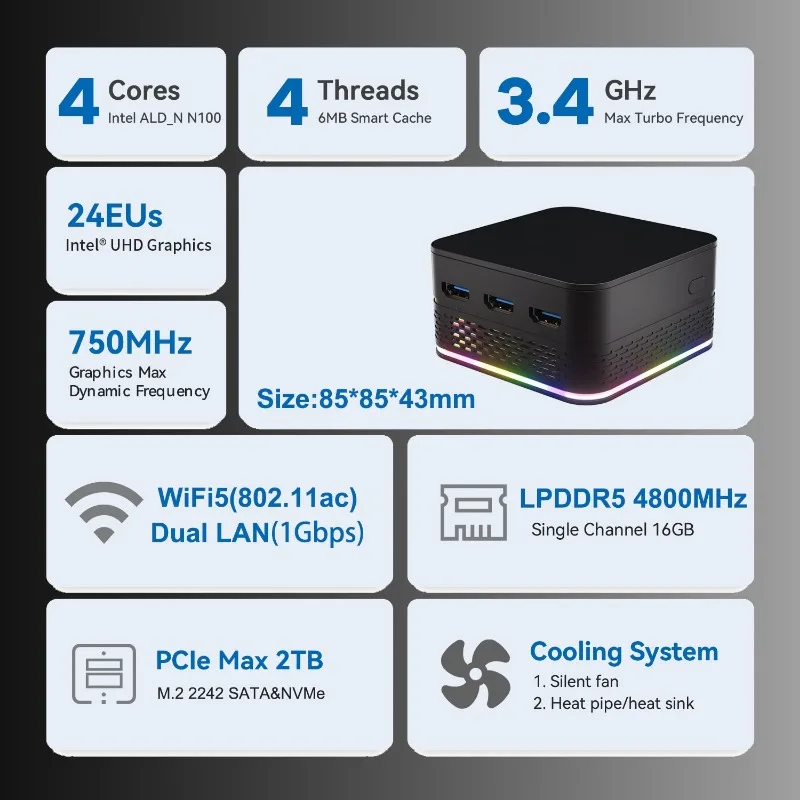 Imagem -02 - Mini pc t9 Plus Quad Core Windows 11 Pro Intel Alder Lake N100 8gb 16gb Lpddr5 256 gb 512gb Ssd de 1tb Lan Dupla hd 2x1000mlan