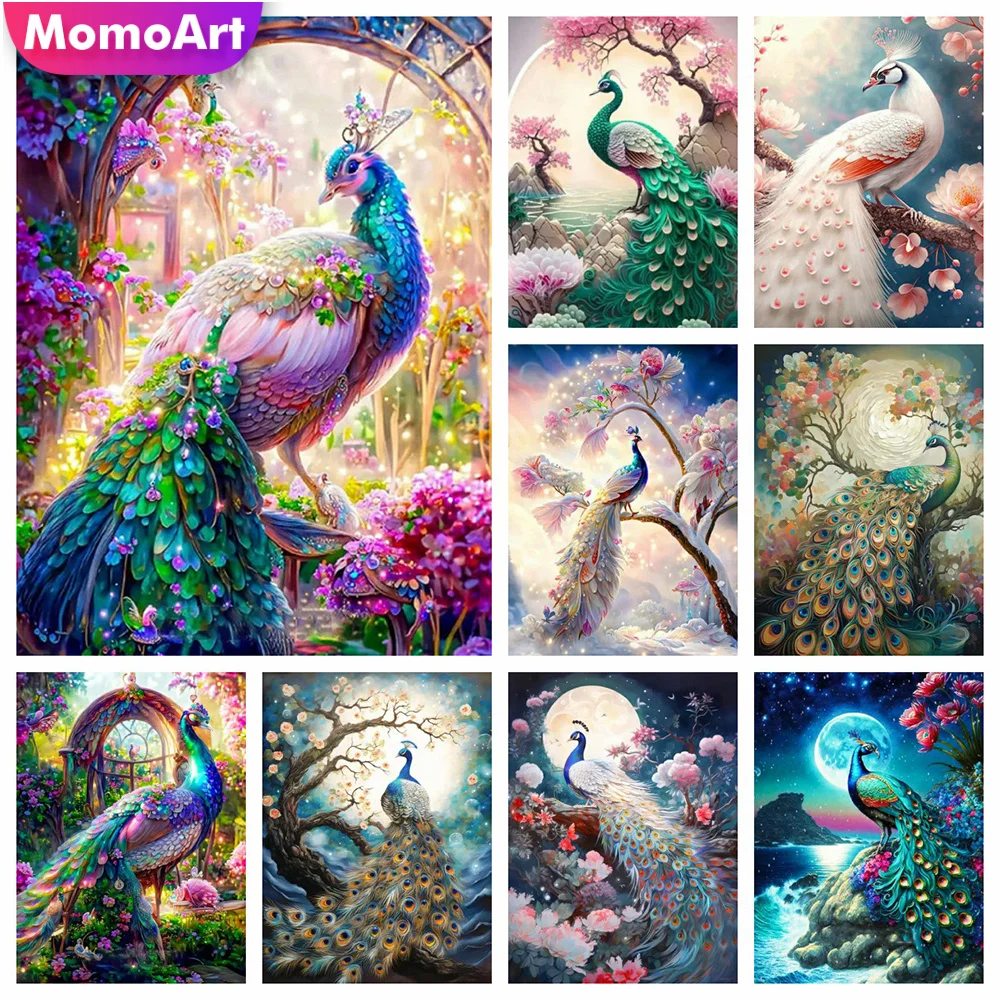 MomoArt Full Round Diamond Embroidery Peacock New Collection 2024 Painting Animal Rhinestone Flower Mosaic Moon Handicraft