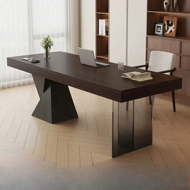 Black Solid Wood Desk with Drawer and Smart Socket Italian Minimalist Computer Desk for Home Living Room Workbench