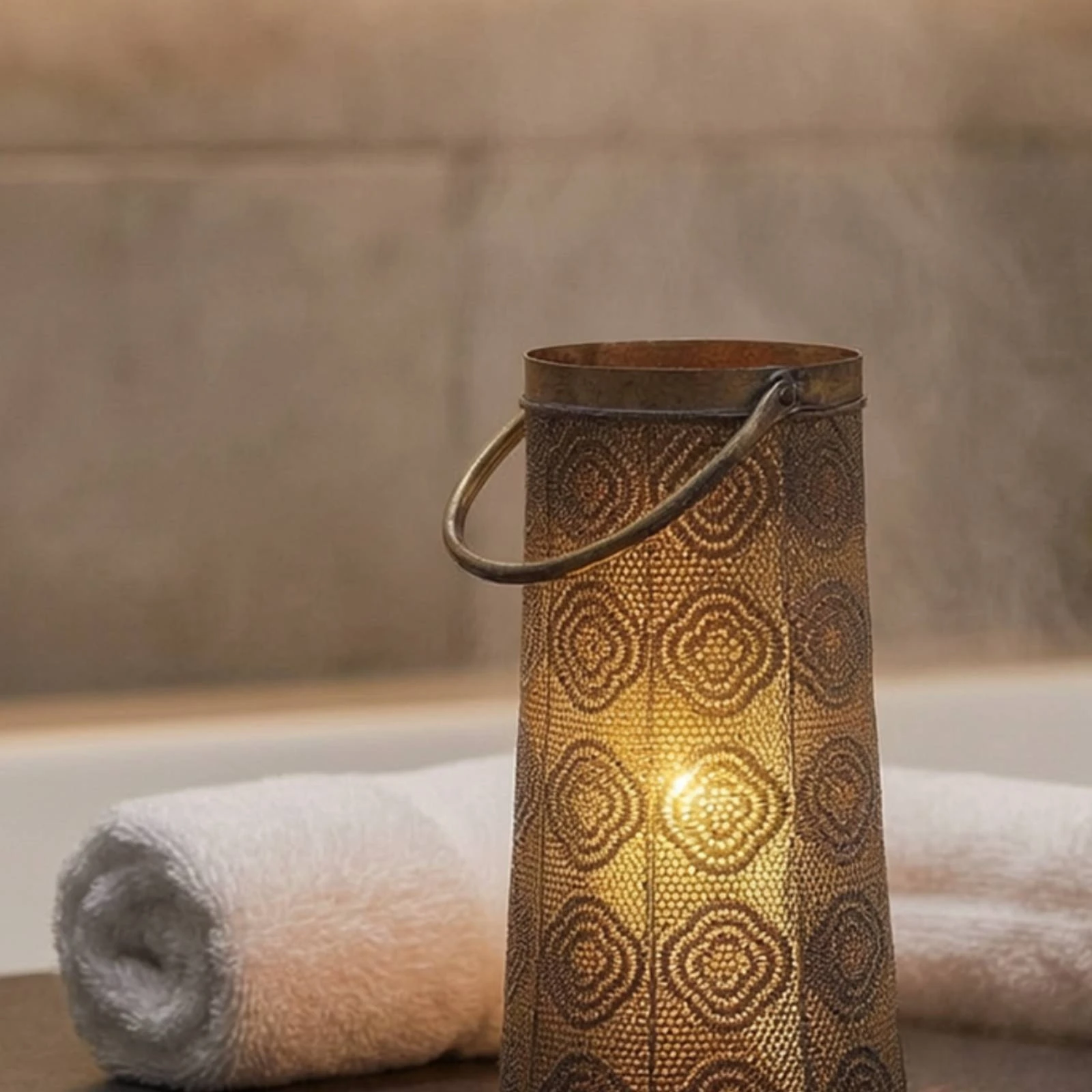 Metal Lantern with Handle Antique Bronze Candle Lantern Decor Embossed Decorative for Table, Shelf