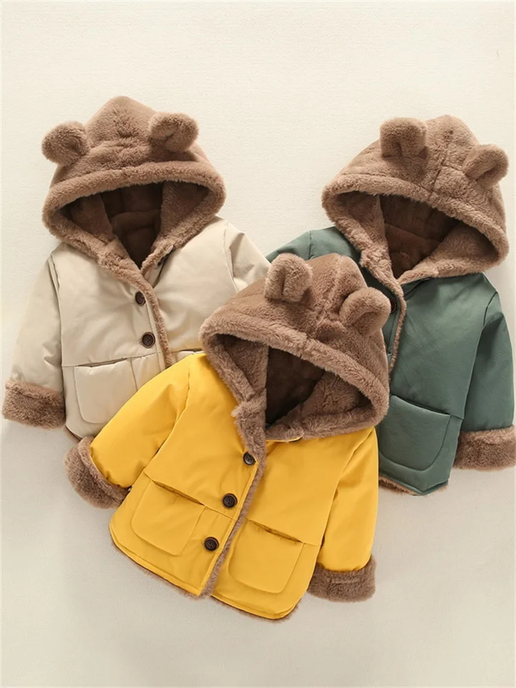 

Thiened Winter Cotton Jaet for Babies Boys And Girls Cute Hooded Coat Korean Faion Medium And Small Children's Clothes