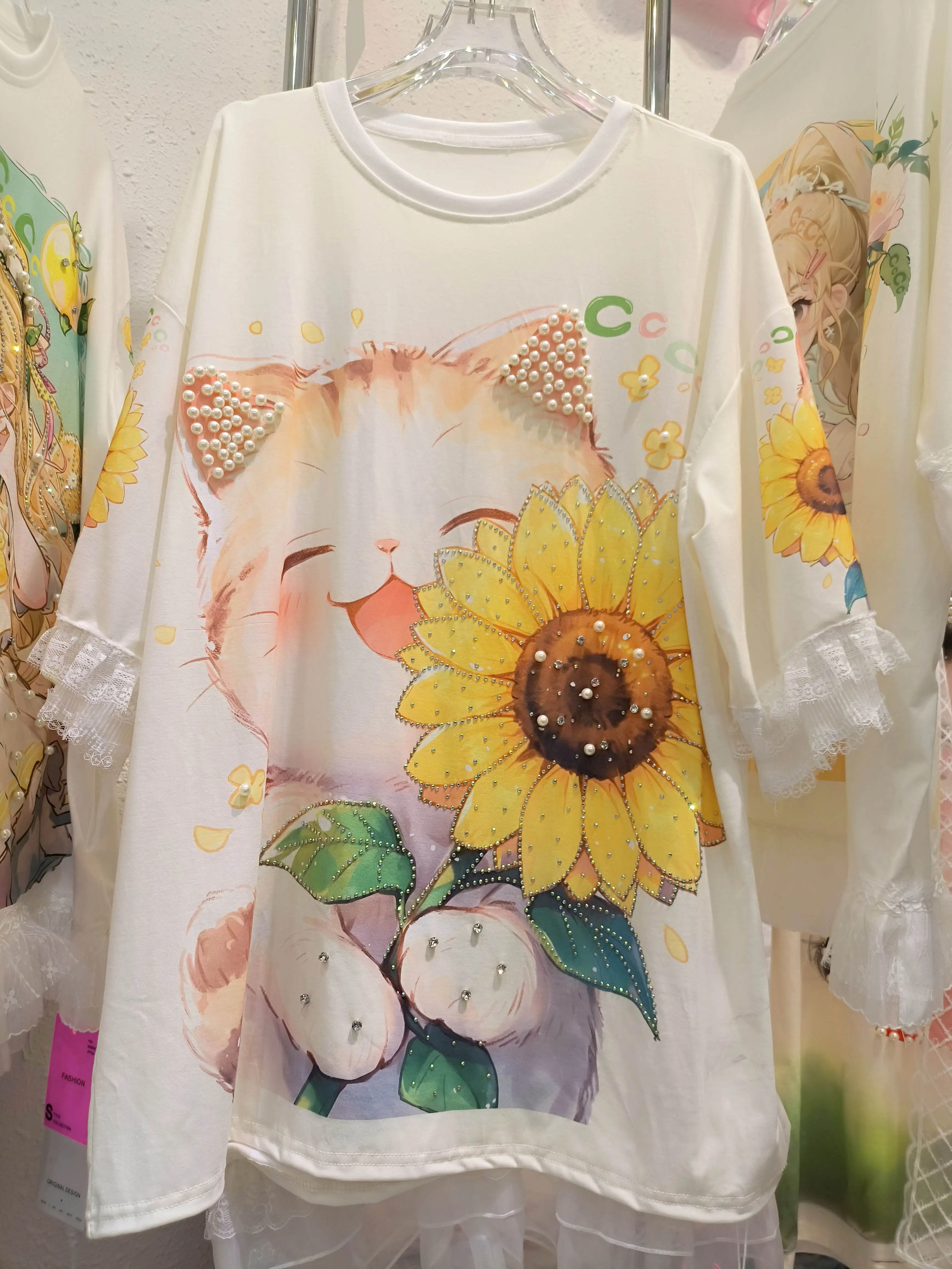 

Korea All-match Summer Women T-shirt Beading Cartoon Printed Round Neck Pullover Casual Top Mid-long Lace Half Sleeve Tee Dress