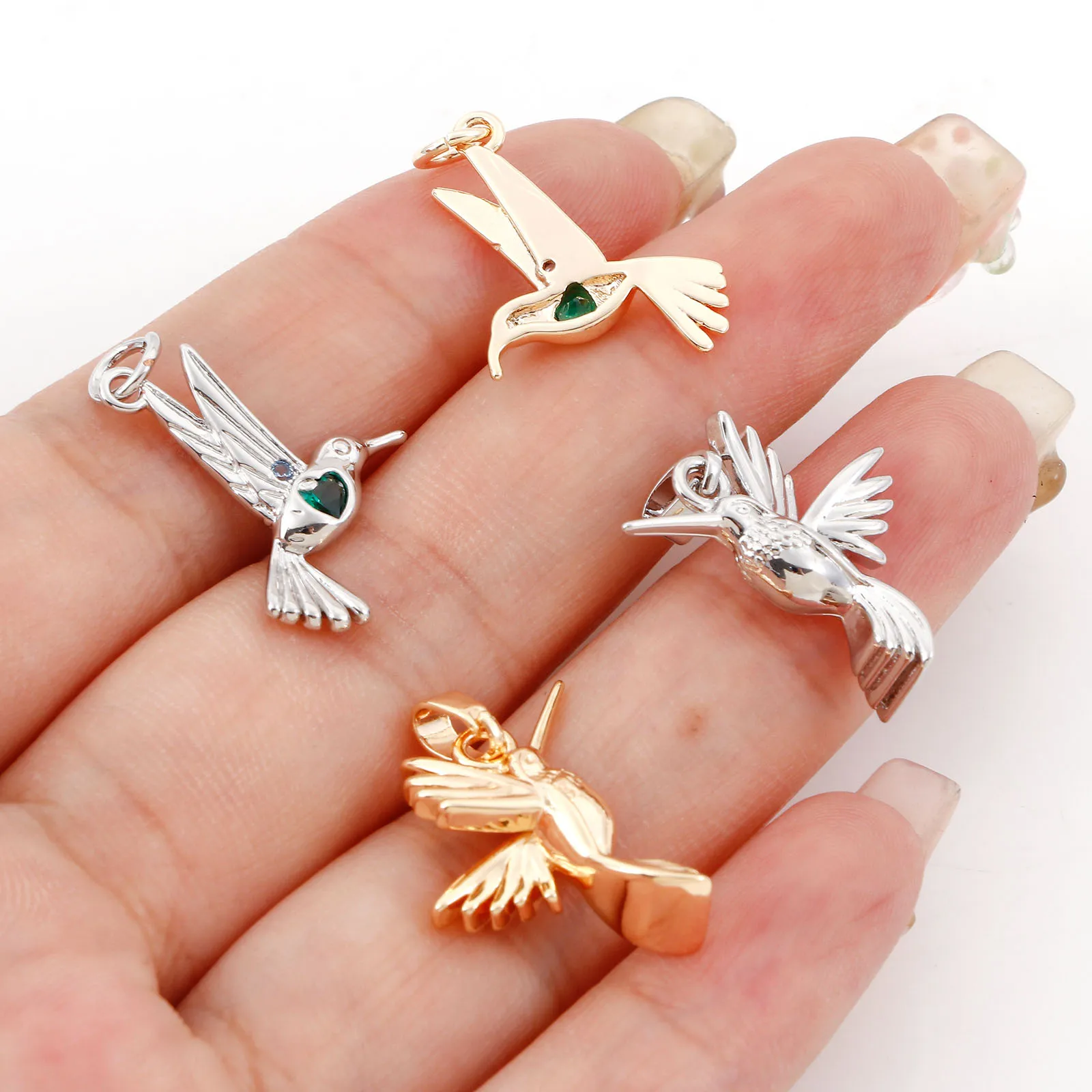 2pcs Copper Charms Gold Color Bird  Green Cubic Zirconia Metal Pendants DIY Necklace Earrings For Women Wedding Party Jewelry