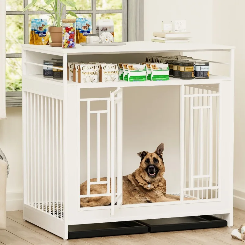 

Wooden Dog Crate Double Door Dog Kennel with Three Drawers Heavy Duty Dogs Decorative Pet House for Large Medium Dogs White