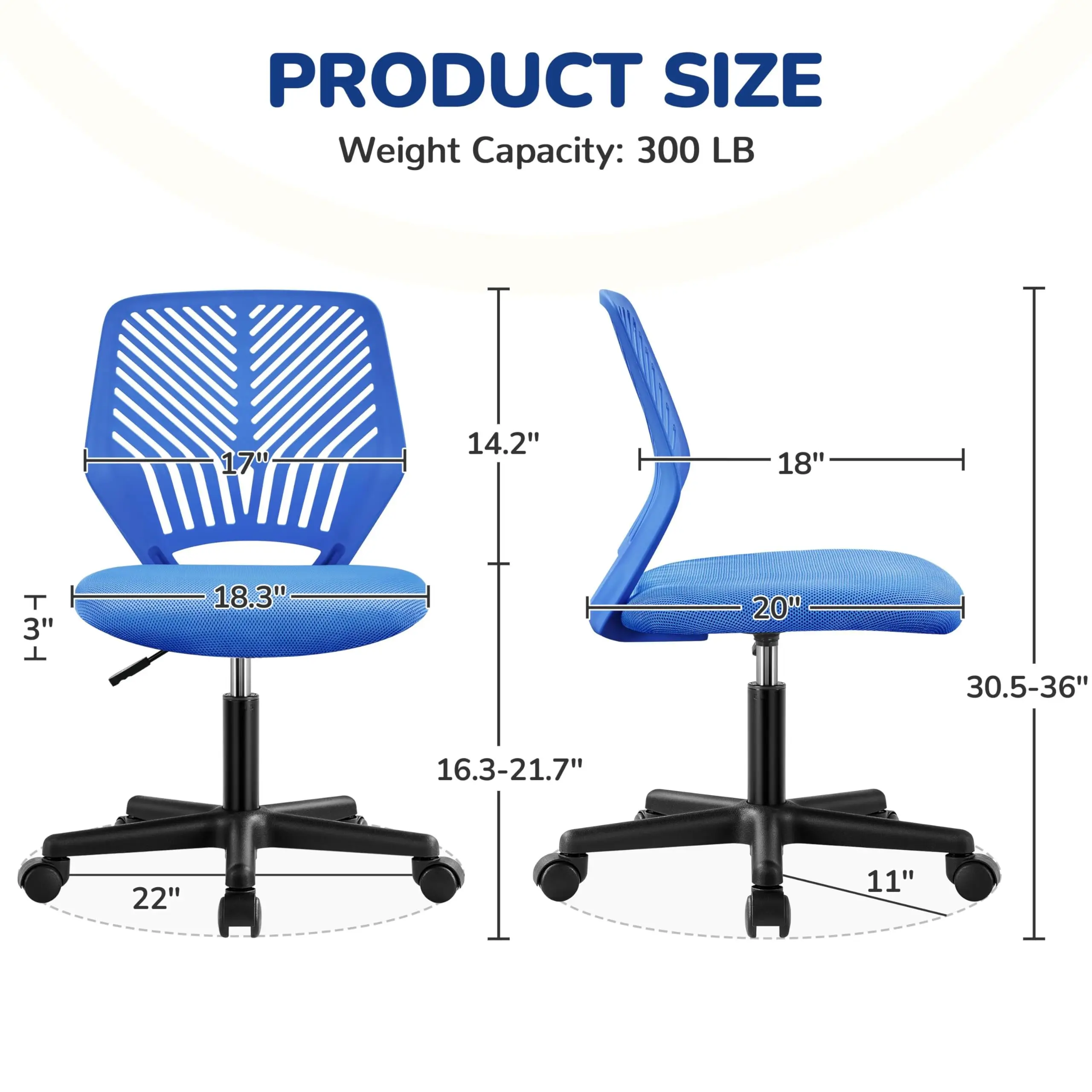 Students Study Chair, Ergonomic Task Chair with Lumbar Support, Height Adjustable Rolling Chair, Cute Stylish Seating, Blue