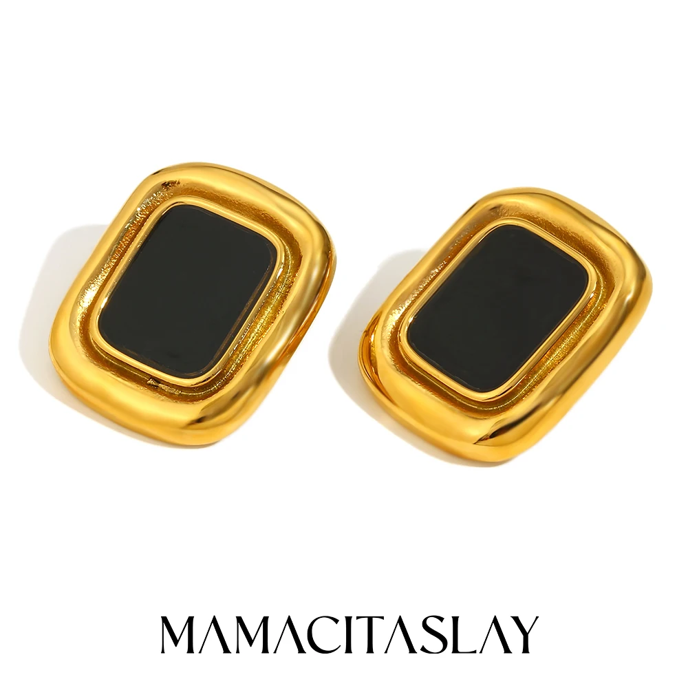 

MamacitaSlay Vintage 18K Gold Plated Frame Black Agate earrings women Waterproof stainless steel jewelry woman Ladies' earrings