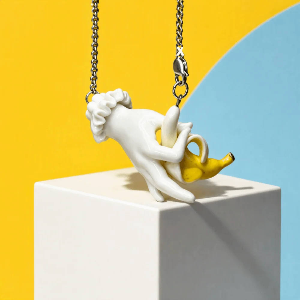 Hand Sculpted Banana Pendant Necklace Quirky Design Novelty Style Fruit Pendant Necklace 3D Shape Cute Shape