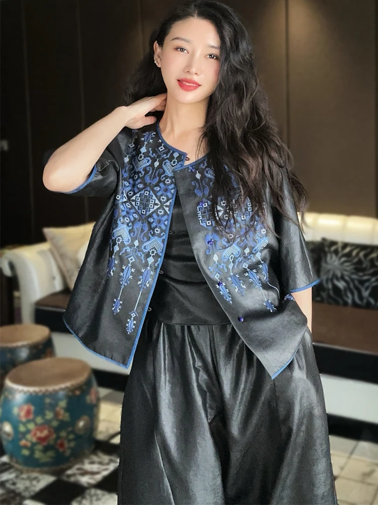 

Silk Cloud Cloth Embroidered Loose Outerwear Women's round Ne f Sve Thin Jaet Traditional Chinese Sle Fanyoo