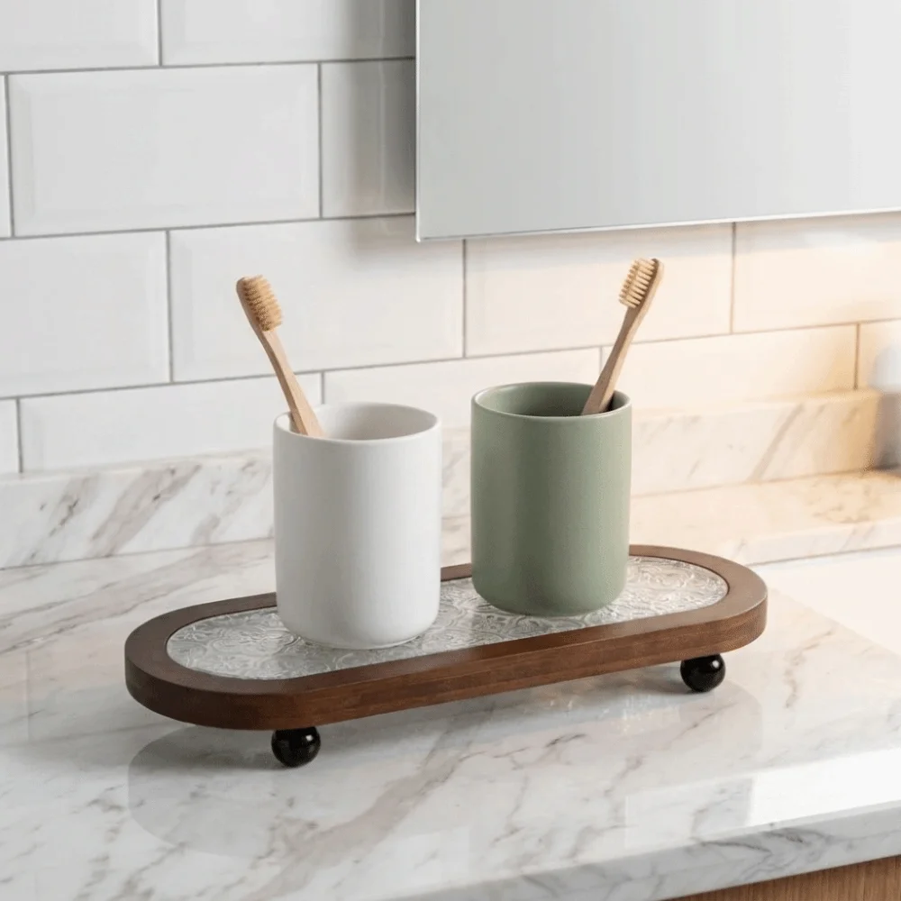 Embossed Pattern Oval Wooden Decorative Tray Round Ball Feet Space Saving Toothbrush Cup Holder Large Capacity