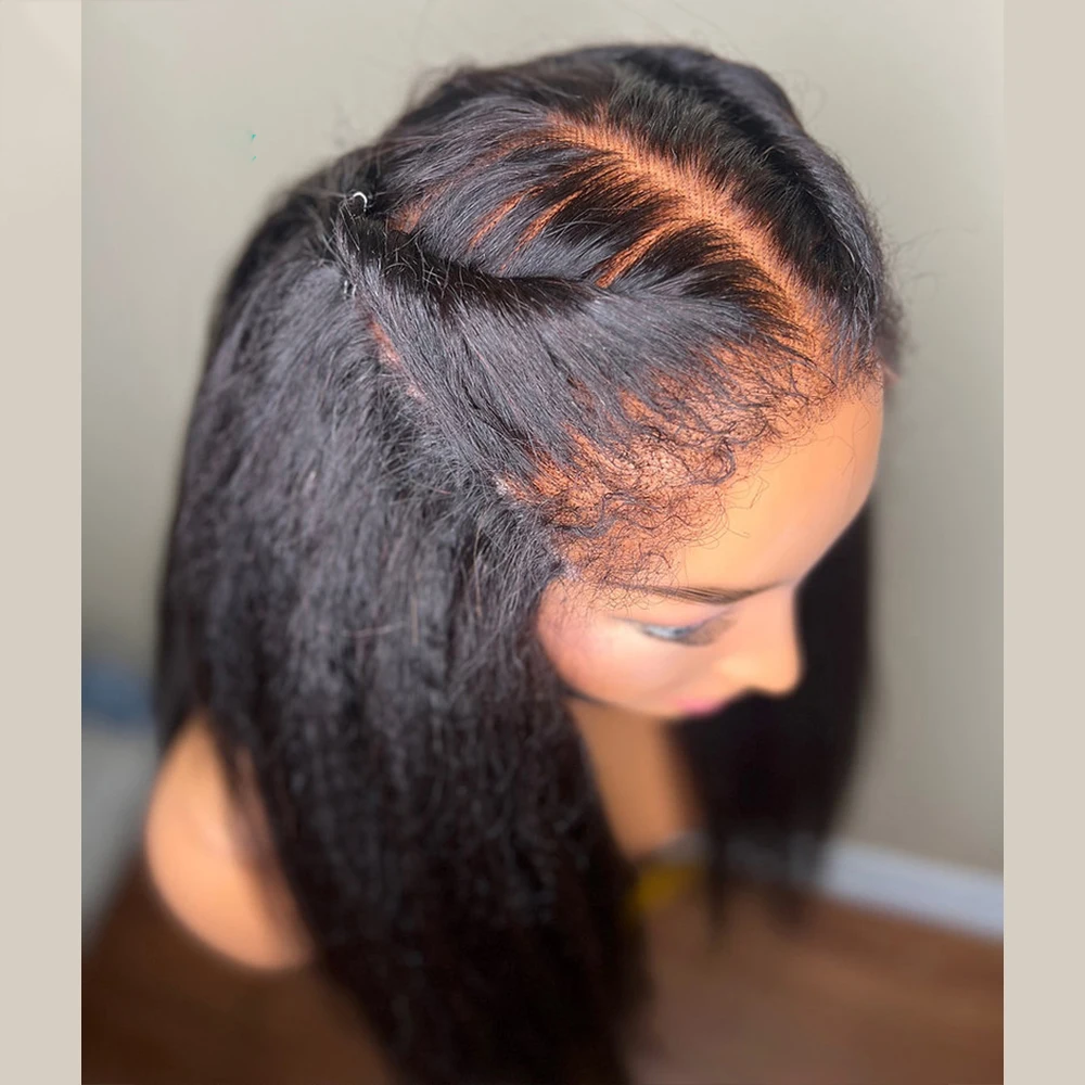 26 بوصة طويلة ياكي لينة الطبيعية أسود غريب مستقيم 180 الكثافة الدانتيل شعر مستعار أمامي للنساء مع شعر الطفل قبل قطعها غلويليس يوميا