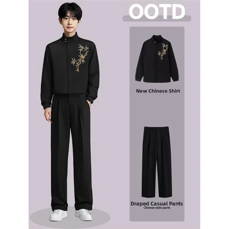 

Элегантная мужская рубашка с длинным рукавом в китайском стиле для свадьбы и помолвки, с вышивкой бамбуковых листьев, не требующая глажки, повседневный спортивный комплект