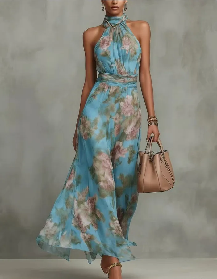 Elegantes Neckholder-Kleid mit Schulterausschnitt und Blumenmuster aus Chiffon, Langes Vintage Boho Ärmelloses Sommer-Strandkleid