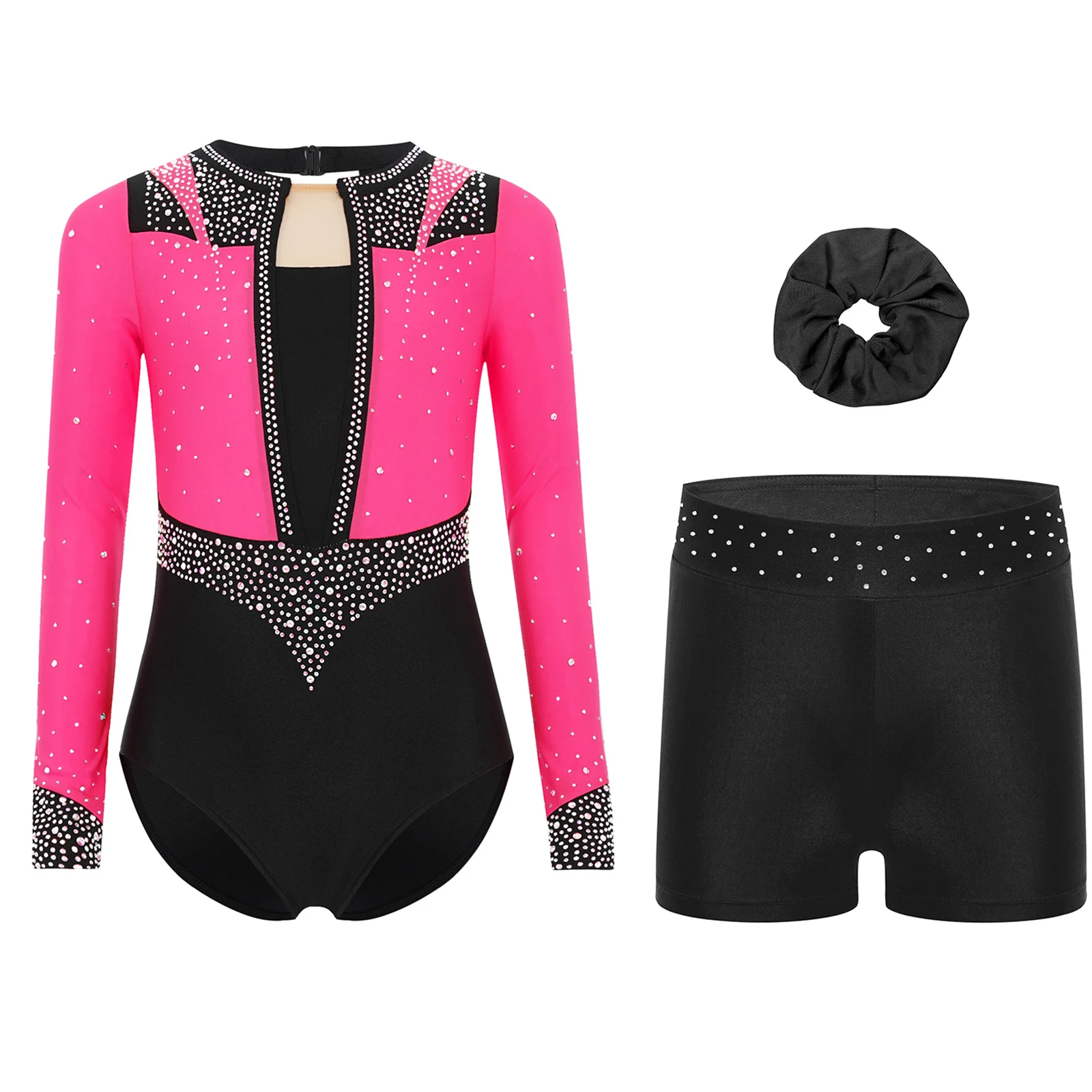 

Kids Girls Gymnastics Figure Skating Dance Outfit Long Sleeve Keyhole Back Shiny Rhinestones Leotard+Shorts+Hair Band 3Pcs/Set