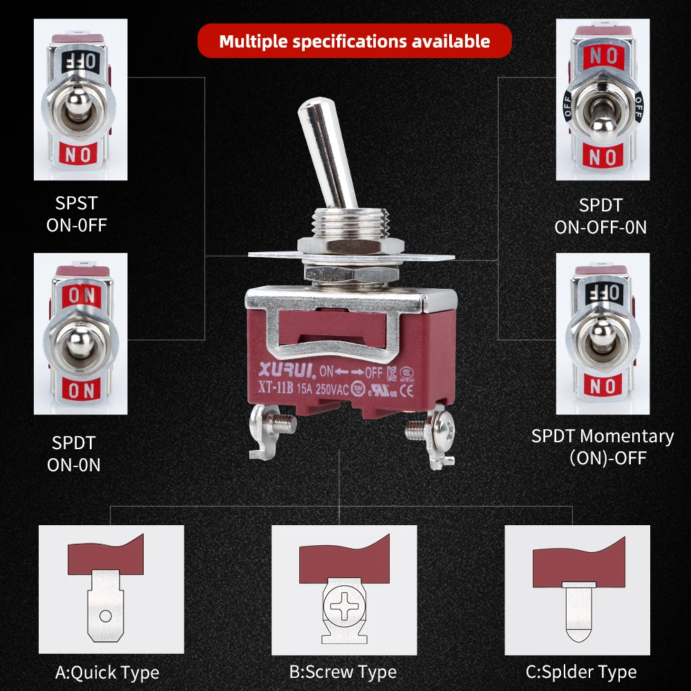 6 قطع، مفتاح تبديل XURUI، XT-11B مع مبيت PA66 غير قابل للكسر، حديد غير قابل للصدأ، 15A/250VAC، كوب مقاوم للماء مجاني، اتصالات فضية