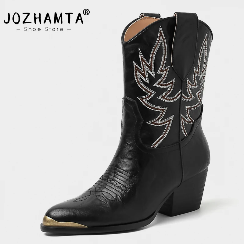 

JOZHAMTA Size 34-42 Western Women Ankle Boots Genuine Leather Vintage Embroidery Chunky Heels Cowboy Boots For Cowgirl Booties