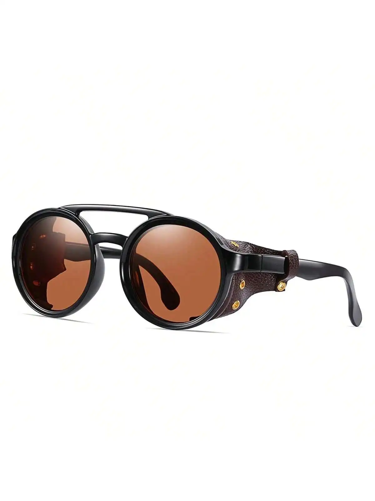 Windproof Mountaineering Steampunk Style Round Vintage Sunglasses, Retro Eyewear For Men Women With Leather Side Goggles, Cyclin