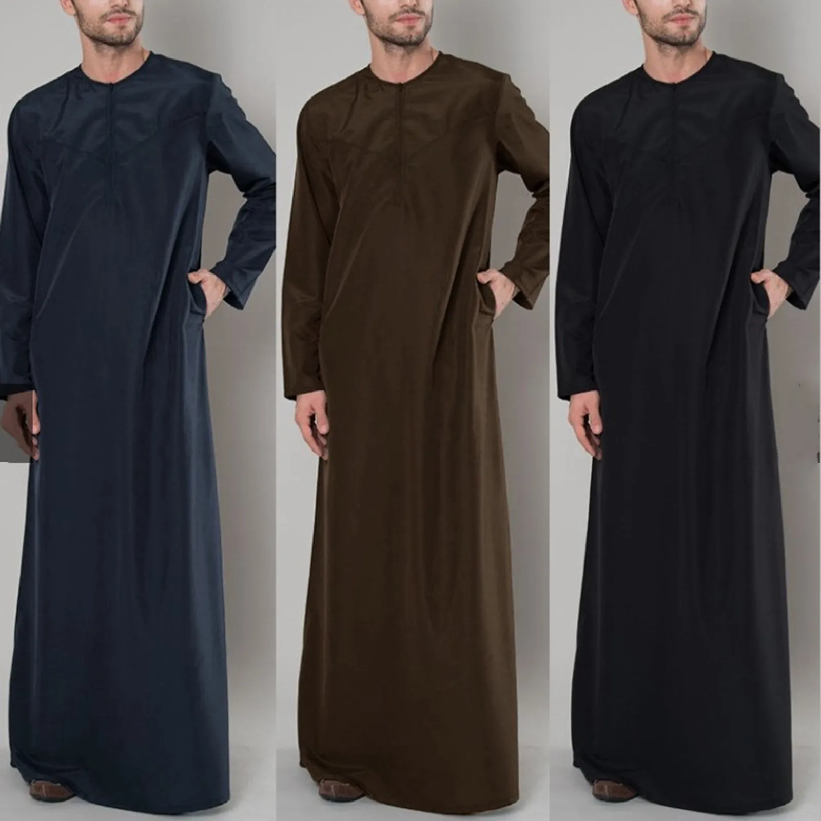 Herren lässig lose muslimische arabische Robe lang ärmel iges Hemd mit Reiß verschluss bequemes Rundhals ausschnitt Freizeit haus tragen Retro-Robe Kleidung