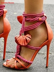 Sandali in pelle intrecciata annodata estate nuovo arrivo alla caviglia con lacci tinta unita moda Versatile colorato Pop tacchi alti donna