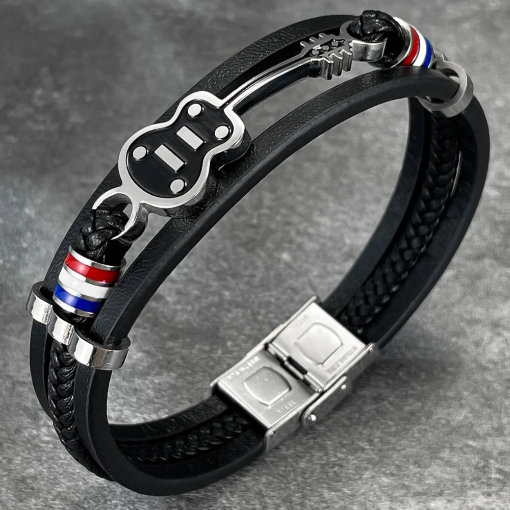 Titanium Steel Men's Leather Cuff Bracelets Punk Multi-layer Cowhide Hand Woven Rope Bangle Guitar Wrist Strap