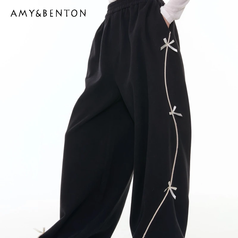 

French High Waist Slimming Bow Women's Wide Leg Pants 2025 Autumn New Black Loose Versatile Y2k Sports Casual Sweatpants Ladies