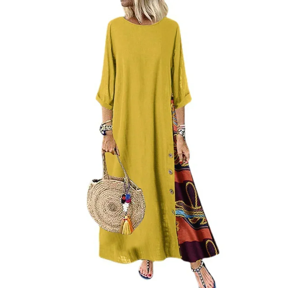 Ethnic Style Vintage Dress for Women Long Dress Loose Fashion Casual Elegant Women Clothing Clothes Streetwear Cotton Linen