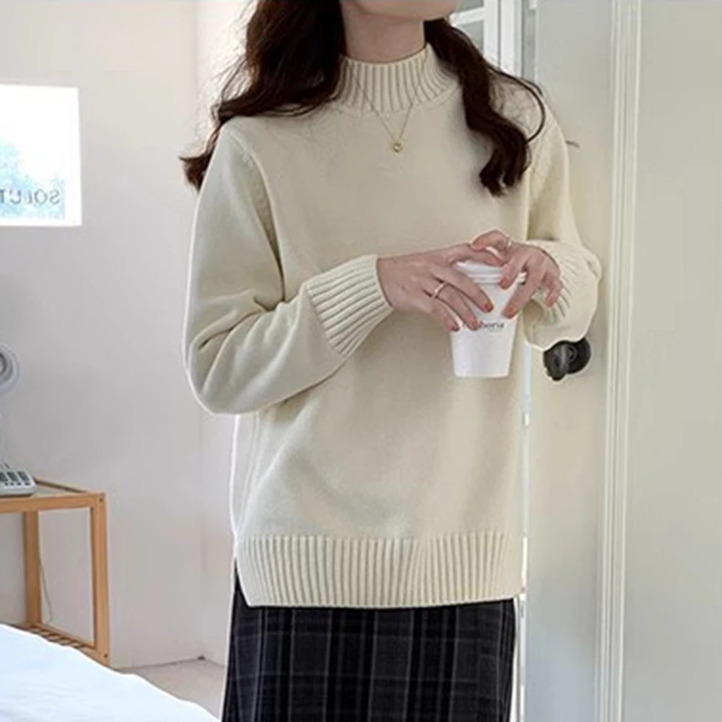 

Autumn and Winter New 100% Cotton Half High Collar Sweater for Women's Casual Knitted Pullover Loose Hot Selling Women's Top