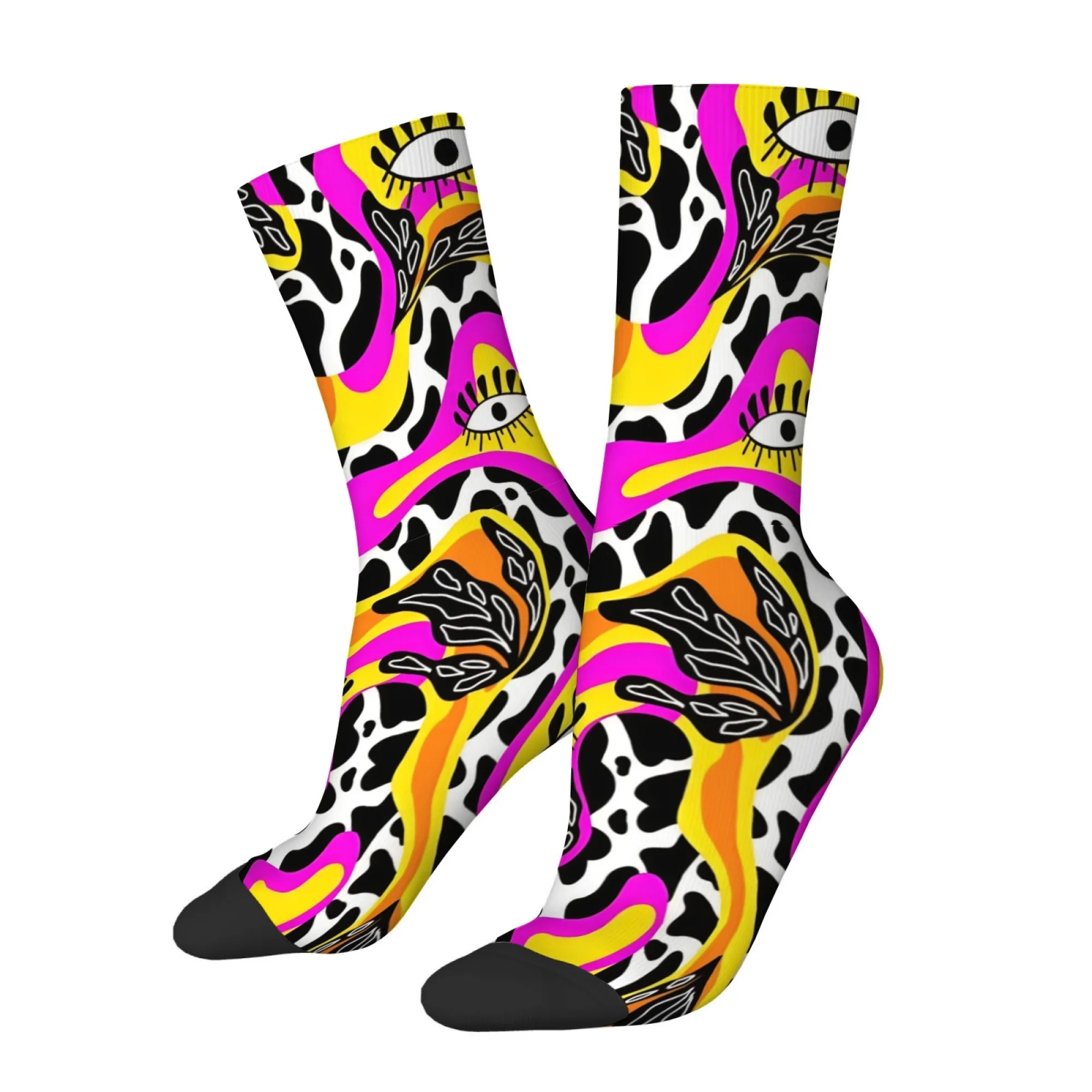 Novel and Colorful Socks Psychedelic Cow Print Men's Socks Rose Pink and Bright Yellow Color Abstract Art Soft Comfortable Socks