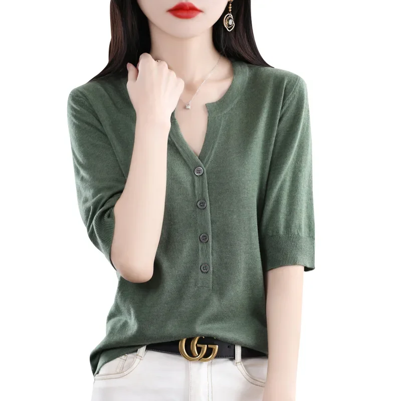 2023 New Summer Women Sweater Mid Sleeve T-shirt Fashion Slim Ladies Black White V-neck T Shirts